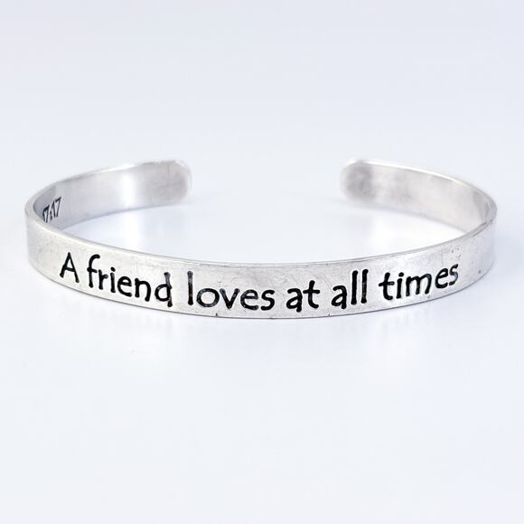 Vintage Sterling Silver 925 Proverbs 17:17 "A Friend Loves" Cuff Bracelet 7.5" - Picture 2 of 9